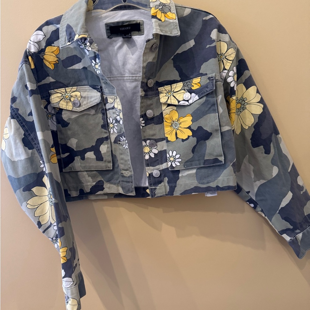 Forever 21 Blue Floral Camouflage Jean Jacket